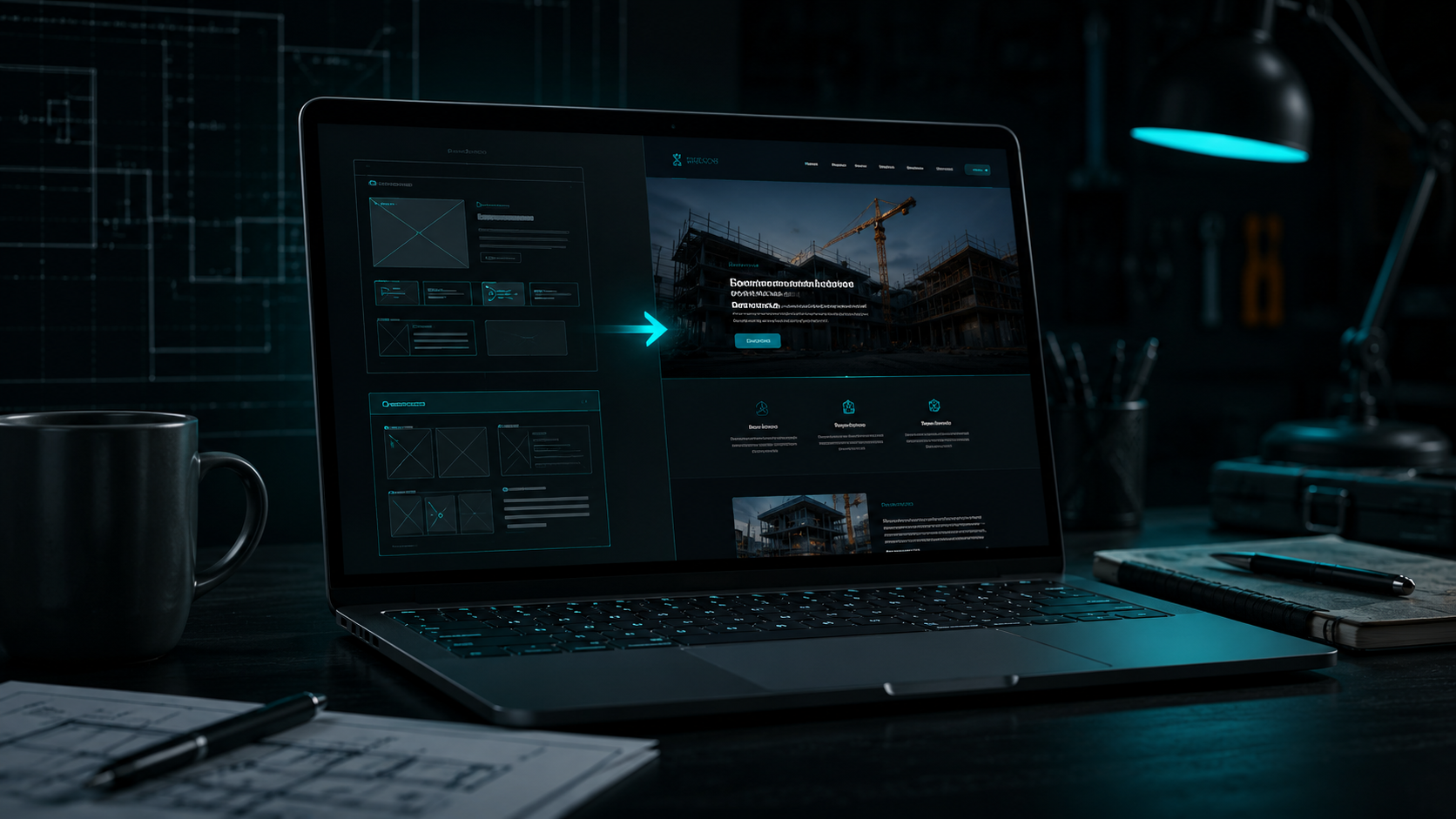 Contractor website wireframe transitioning into a finished website design.