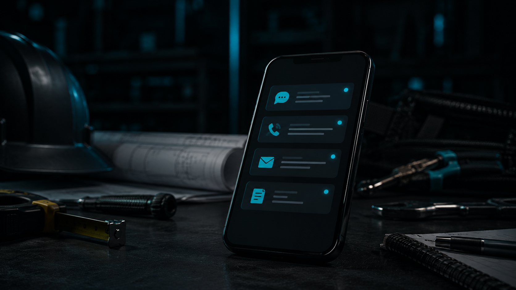Phone displaying website lead notifications in a contractor workspace.