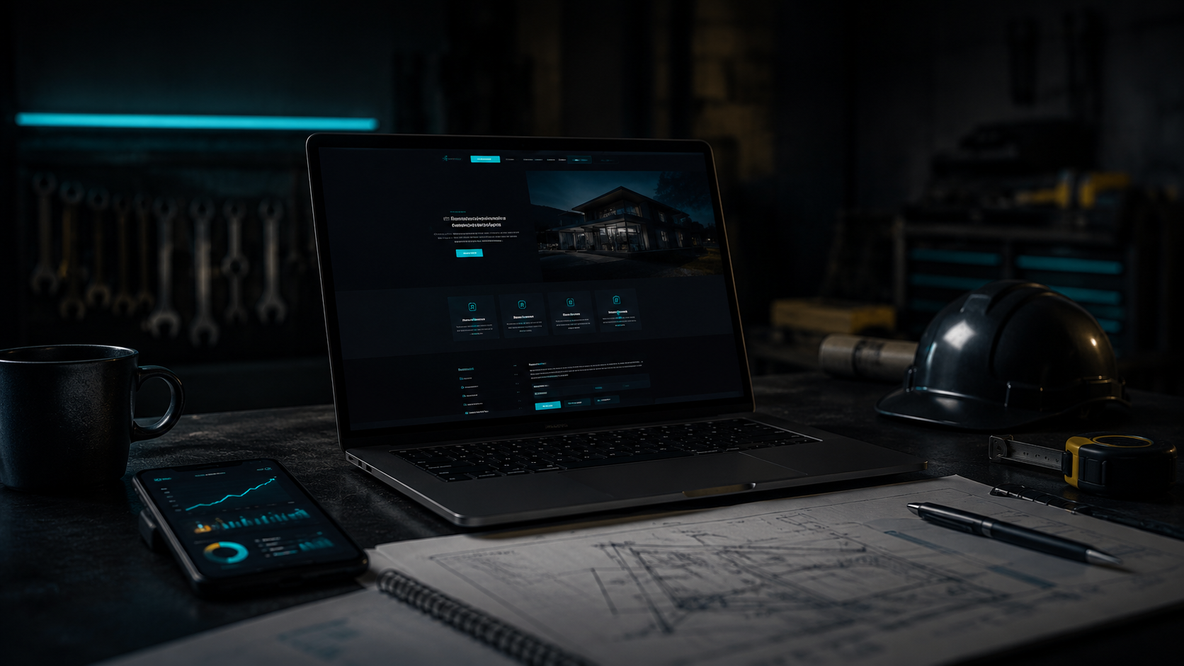 Professional contractor website displayed on a laptop in a dark trade workspace.