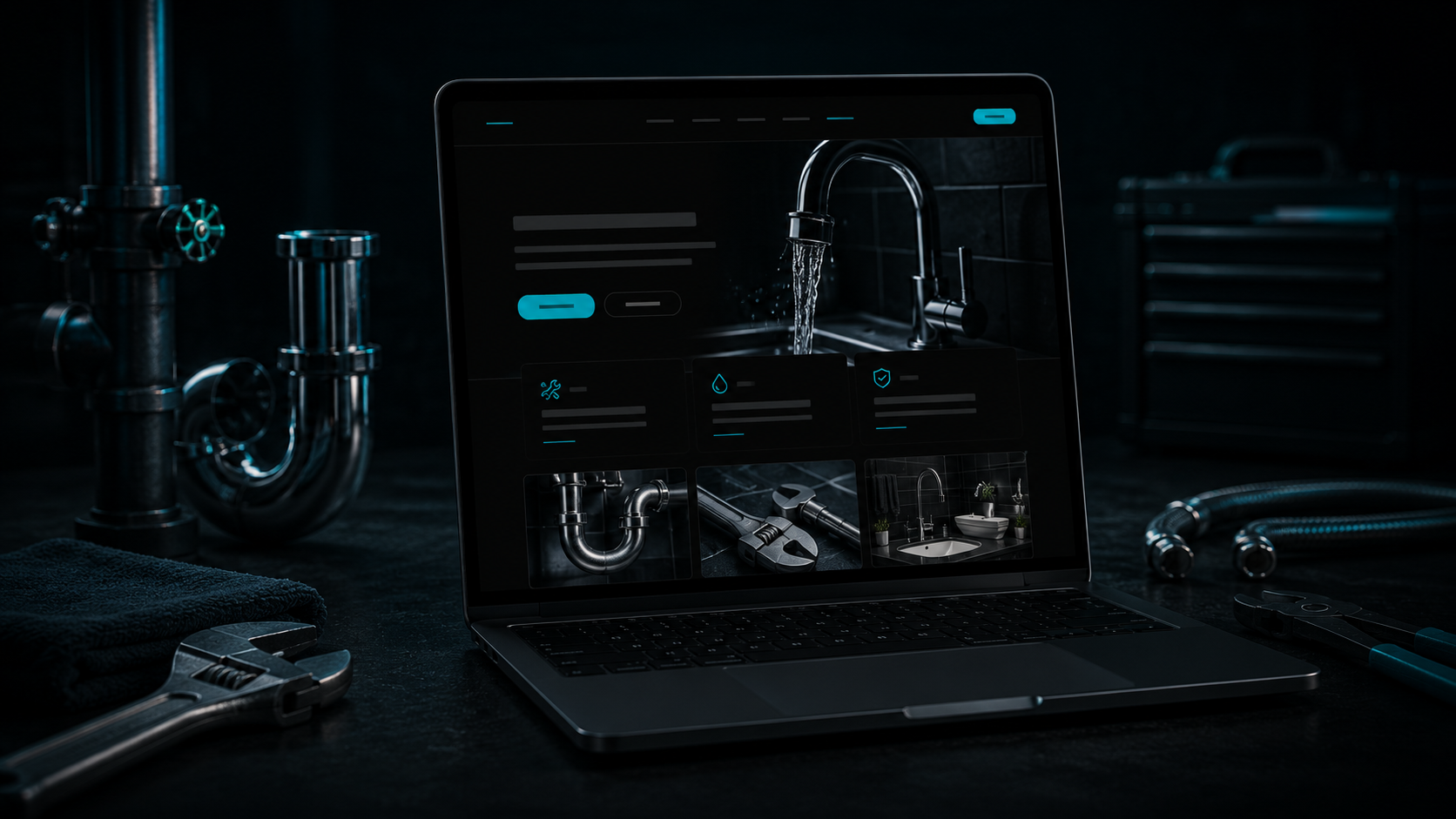 Plumbing contractor website displayed on a laptop surrounded by plumbing tools.