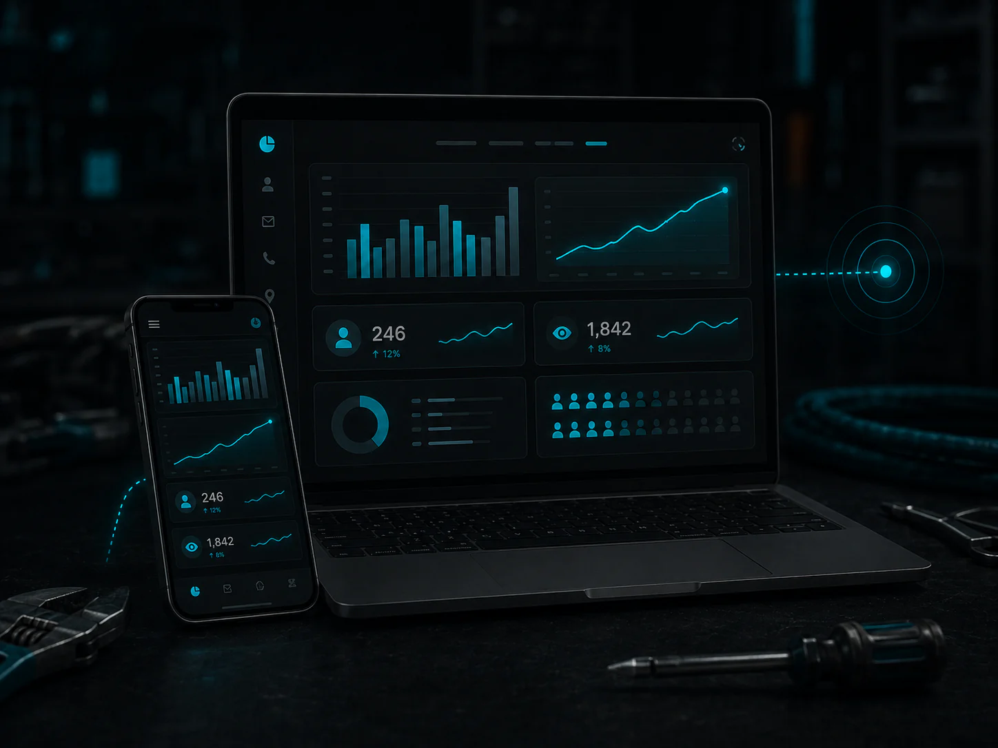 Contractor website analytics dashboard on desktop and mobile