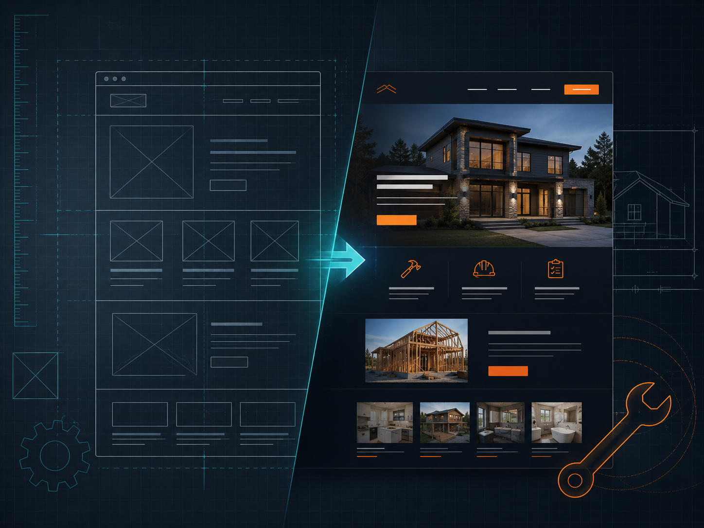 A contractor website progressing from a blueprint wireframe to a finished design