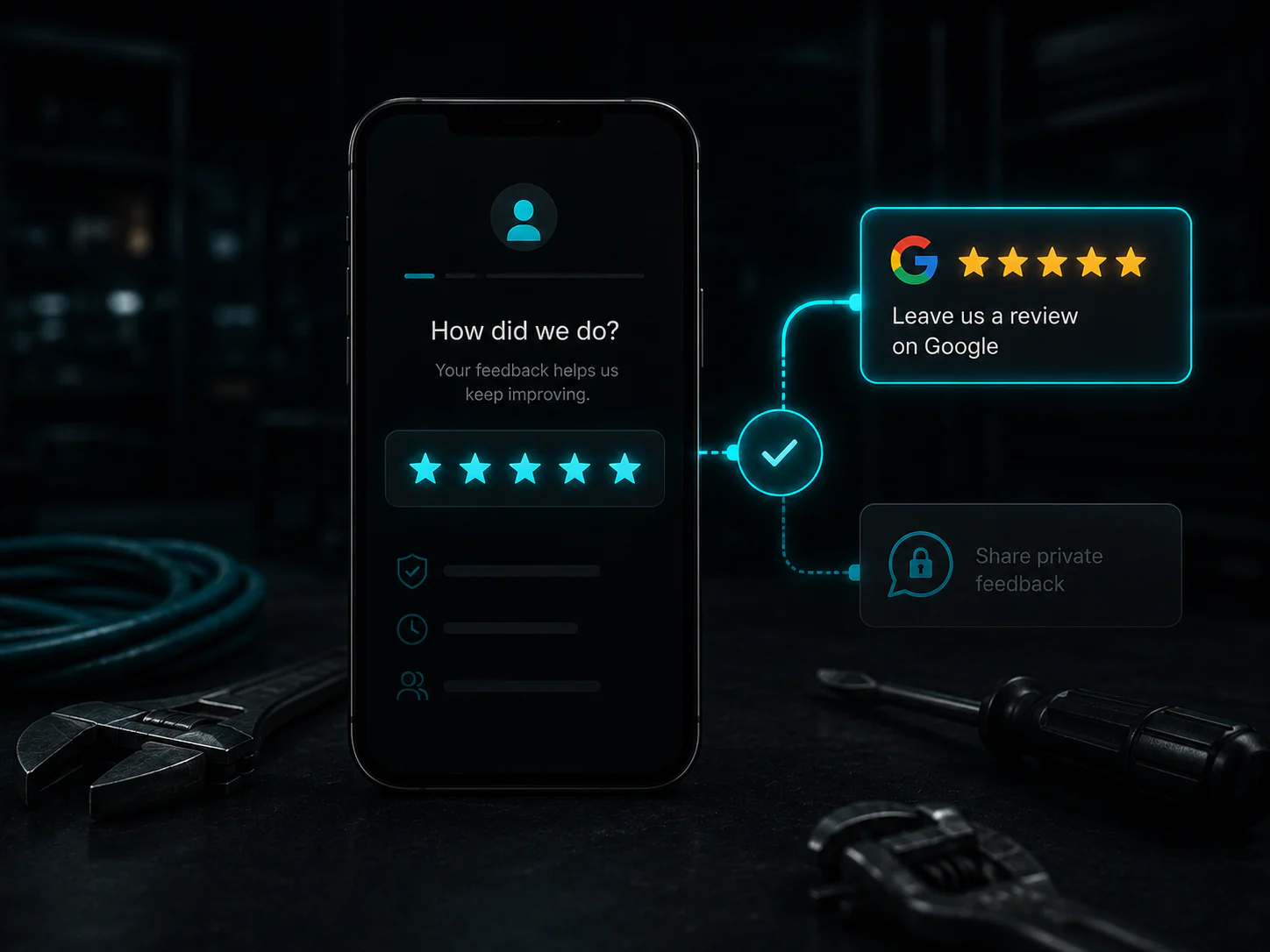 Customer review request with Google review and private feedback options